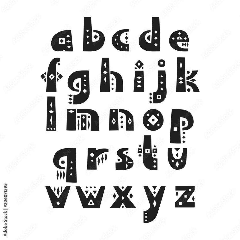 Poster vector display alphabet. set of lowercase patterned letters in african style.