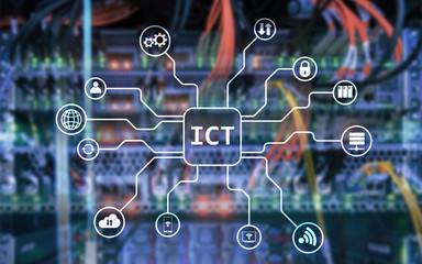 ICT - information and communications technology concept on server room background.?