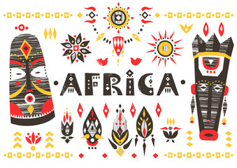 Hand-drawn poster with the African masks, flowers and lettering "Africa".