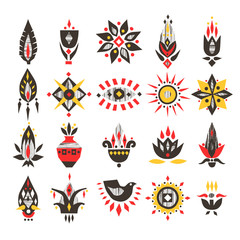Vector hand-drawn set of african flowers and symbols with textures.
