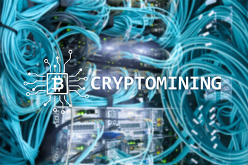 Cryptocurrency mining concept on server room background.?