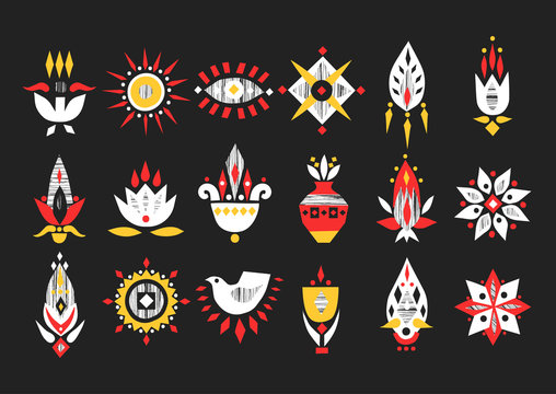 Vector hand-drawn set of african flowers and symbols with textures on a black background.