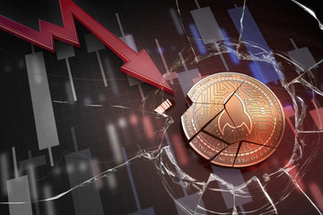shiny golden ROCKETPOOL cryptocurrency coin broken on negative chart crash baisse falling lost deficit 3d rendering