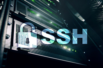 SSH - Secure shell network internet connection. Server room on background.