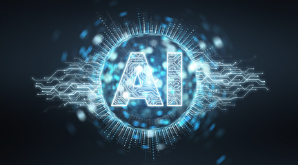 Digital artificial intelligence text hologram 3D rendering