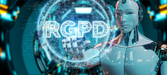 Naklejka na ściany i meble White cyborg using digital GDPR interface 3D rendering