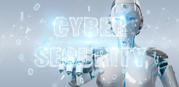 White humanoid woman using cyber security text hologram 3D rendering
