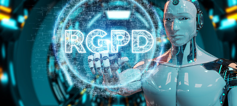 White cyborg using digital GDPR interface 3D rendering