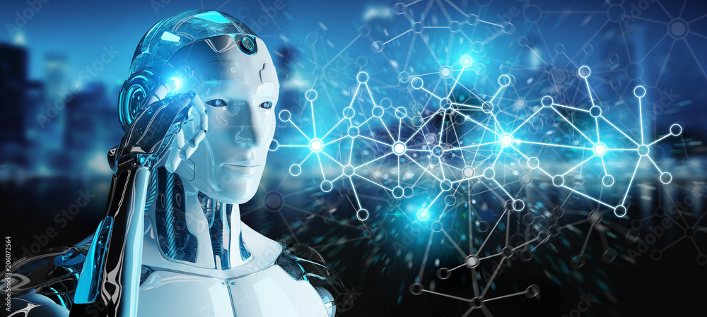 Poster white man cyborg using digital network connection 3d rendering