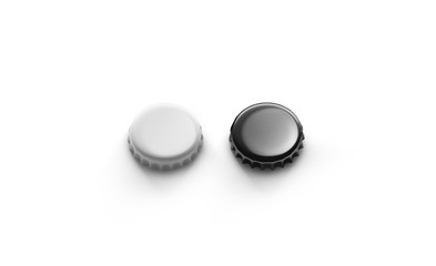 Blank black and silver beer lid mockup, top side view, 3d rendering. Empty metal soda cap mock up design template. Clear bottle cover isolated.