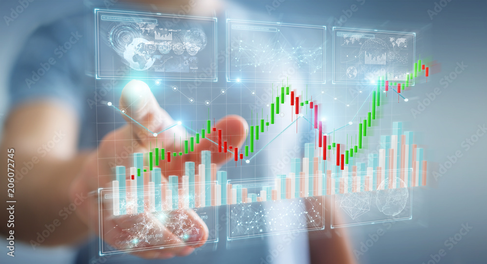 Poster Businessman using 3D rendering stock exchange datas and charts