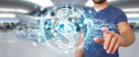 Businessman using law paragraph digital hologram 3D rendering