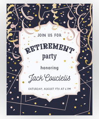 Retirement party invitation. Design template with rose gold polygonal frame, confetti and serpentine. Vector illustration 