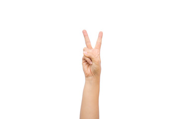 Woman hand showing two fingers as victory sign on white background