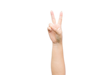 Woman hand showing two fingers as victory sign on white background