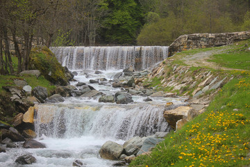 waterfalls in mountains among the meadows