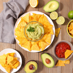 nacho chips with guacamole and salsa
