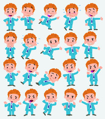 Cartoon character businessman. Set with different postures, attitudes and poses, doing different activities in isolated vector illustrations.