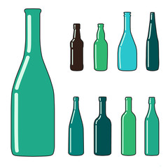 Set of glass bottles icons, cartoon style.
