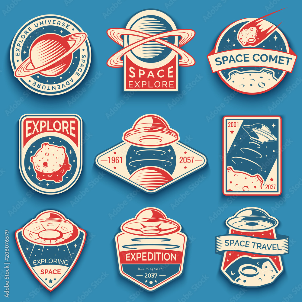 Wall mural colorful space, ufo and planet labels, logos, badges, emblems. explore mission in space