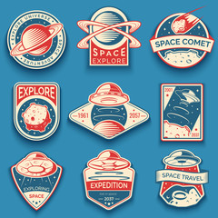 Colorful space, UFO and planet labels, logos, badges, emblems. Explore mission in space - obrazy, fototapety, plakaty