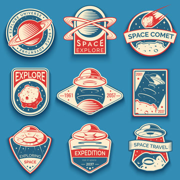 Colorful space, UFO and planet labels, logos, badges, emblems. Explore mission in space