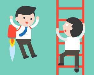 Businessman climb a ladder and Businessman flying with jet pack, fast track of business competition flat design concept