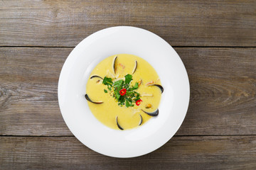Seafood cream soup with mussels. Appetizing gourmet meals for foodie, Mediterranean restaurant menu, dining concept