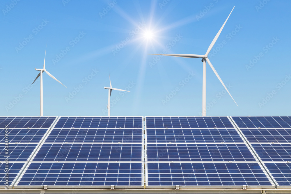 Canvas Prints rows array of polycrystalline silicon solar panels and wind turbines generating electricity in hybri