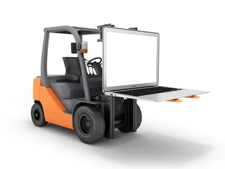 Concept logistics of loading and delivery The forklift lifts the laptop with empty screen isolated on white background 3d