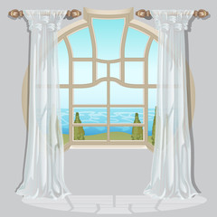 Fototapeta na wymiar The ornate curtain in the interior. Vector illustration.