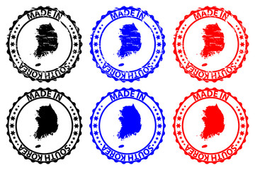 Made in South Korea - rubber stamp - vector, Republic of Korea map pattern - black, blue and red