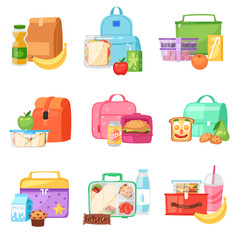 Lunch box vector school lunchbox with healthy food fruits or vegetables boxed in kids container in bag illustration set of packed meal in bagpack isolated on white background - 206079135