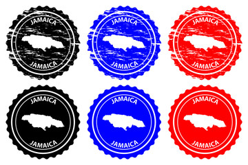Jamaica - rubber stamp - vector, Jamaica map pattern - sticker - black, blue and red
