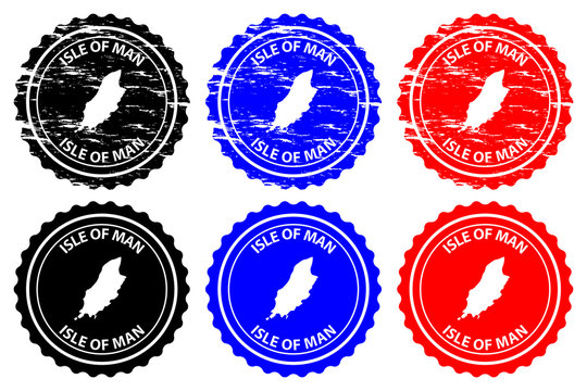 Isle of Man - rubber stamp - vector, Isle of Man map pattern - sticker - black, blue and red