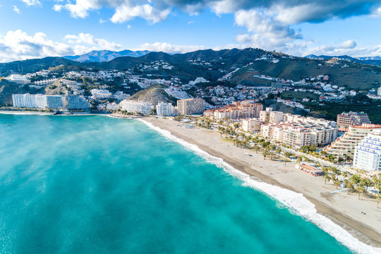 Part of a set of aerial views of a mediterranean spanish beach (San Cristobal beach) at Almunecar, Granada, Spain