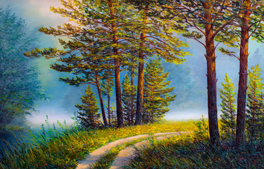 Oil painting landscape , colorful summer forest.