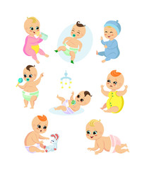 Vector illustration set of adorable baby in different position and emotions. Daily routine of happy cute kids. Baby boys and girls sleep, eat, cry and smile, play together in cartoon flat style.