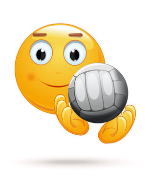 Cheerful smiley catches the ball. Emoticon face playing volleyball. Emoji with ball for playing volleyball. Vector illustration