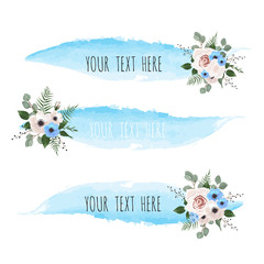 Set of Vector watercolor brush lines with flowers. Design elements.