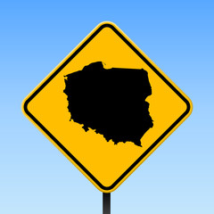 Naklejka premium Poland map on road sign. Square poster with Poland country map on yellow rhomb road sign. Vector illustration.
