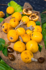 Fresh ripe mushmula or loquat fruit. Good for breakfast and desserts. Evergreen subtropical tree orange sweet and juicy fruit widely spread in Georgia, Japan, Korea, Spain and other asian countries.