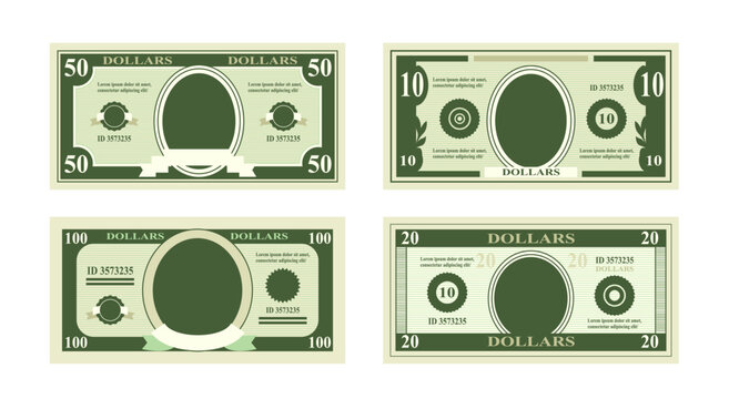 Vector illustration of fake dollars banknotes. Bill one hundred dollars suitable for discount cards on white background in flat style.