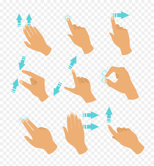 Vector illustration set of hands in different positions touch screen gestures, fingers move by blue color arrows showing direction of movement of fingers isolated on transparent background in flat