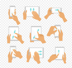 Vector illustration set of flat hand icons showing commonly used multi-touch gestures for touchscreen tablets or smartphones, fingers touch screen and move by blue color arrows showing direction of