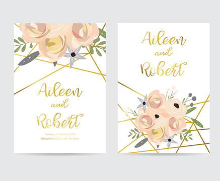 Geometry gold wedding invitation card with flower,leaf and frame