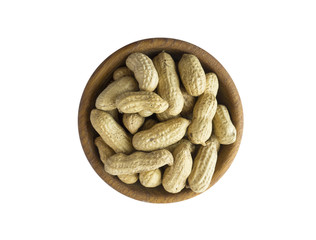 Peanut inshell on a white background. Top view. Peanut in a bowl isolated on white background. 
