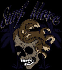 ilustracion vector de craneo con cabello en forma de olas y textos en la parte superior