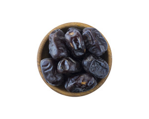 Date fruit isolated on a white background. Bowl of dried dates isolated on white background. Dried dates with copy space for text. Top view. Dates on white background.
