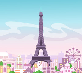Vector illustration of beautiful skyline city view with buildings and trees in pastel colors. Symbol of Paris in flat cute style with city and Eiffel tower, France. - obrazy, fototapety, plakaty